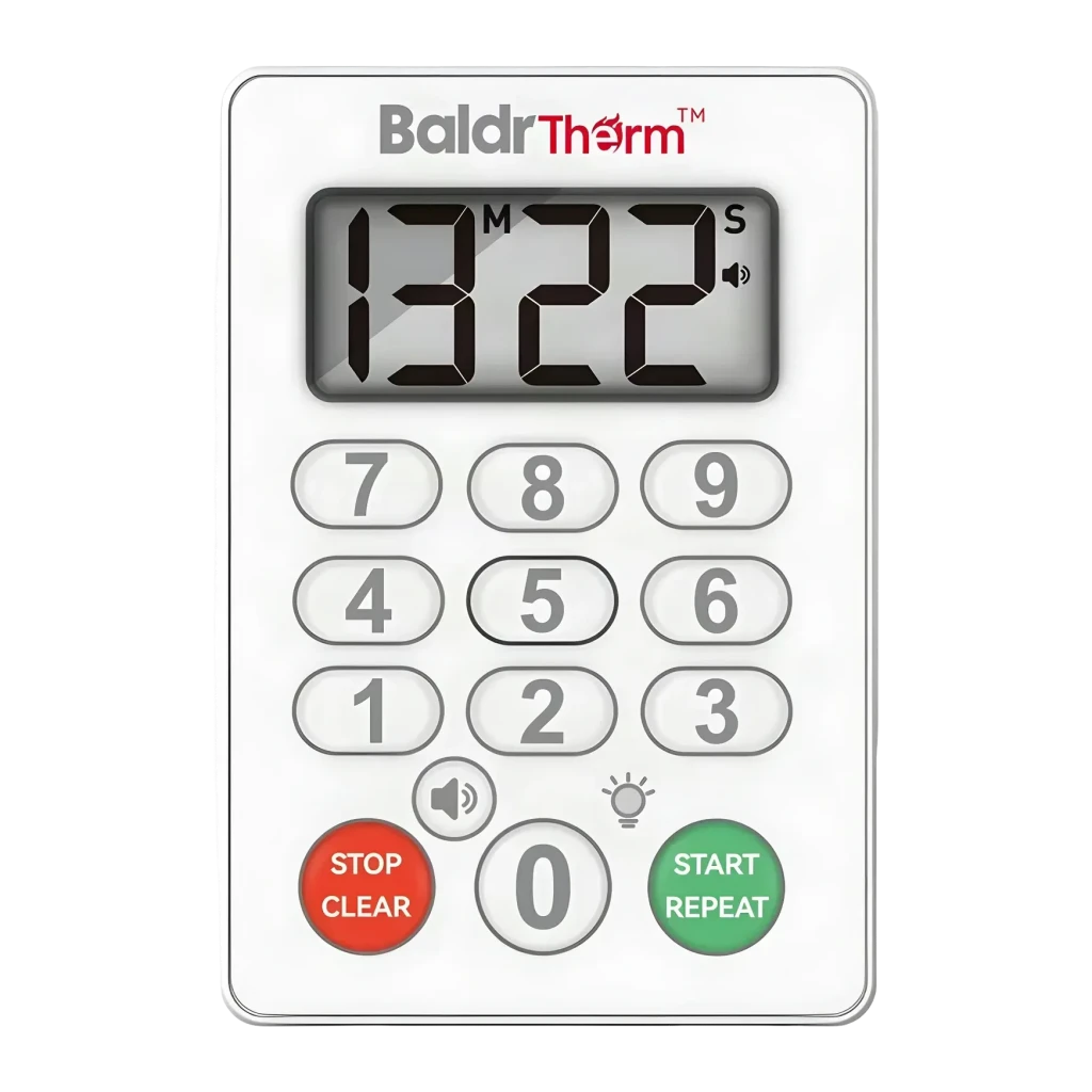 Temporizador de Cocina RainPoint Blanco E0575S, vista frontal: pantalla LCD grande, teclado numérico y botones STOP y START