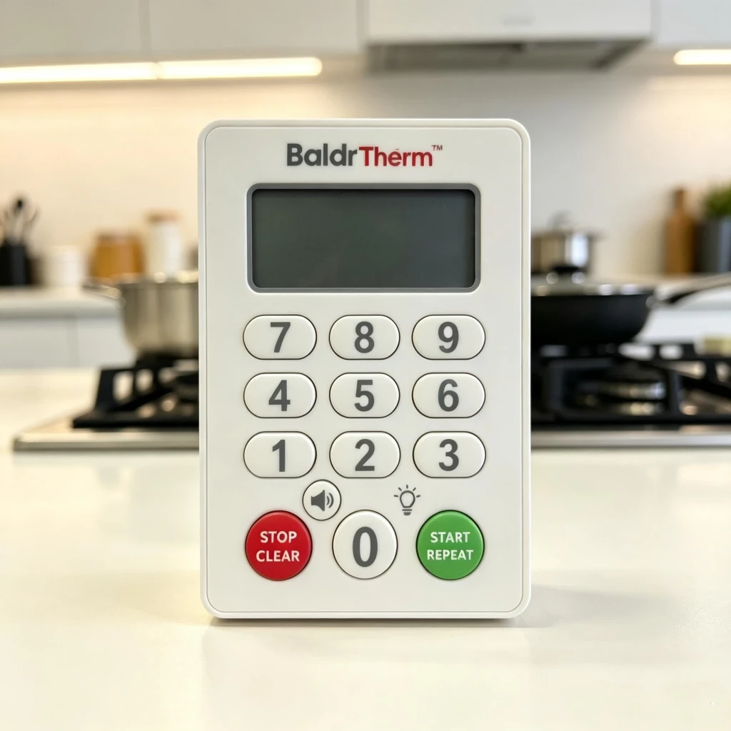 Temporizador de Cocina RainPoint Blanco E0575S, en uso: teclado numérico, pantalla LCD y botones Stop y Start sobre encimera