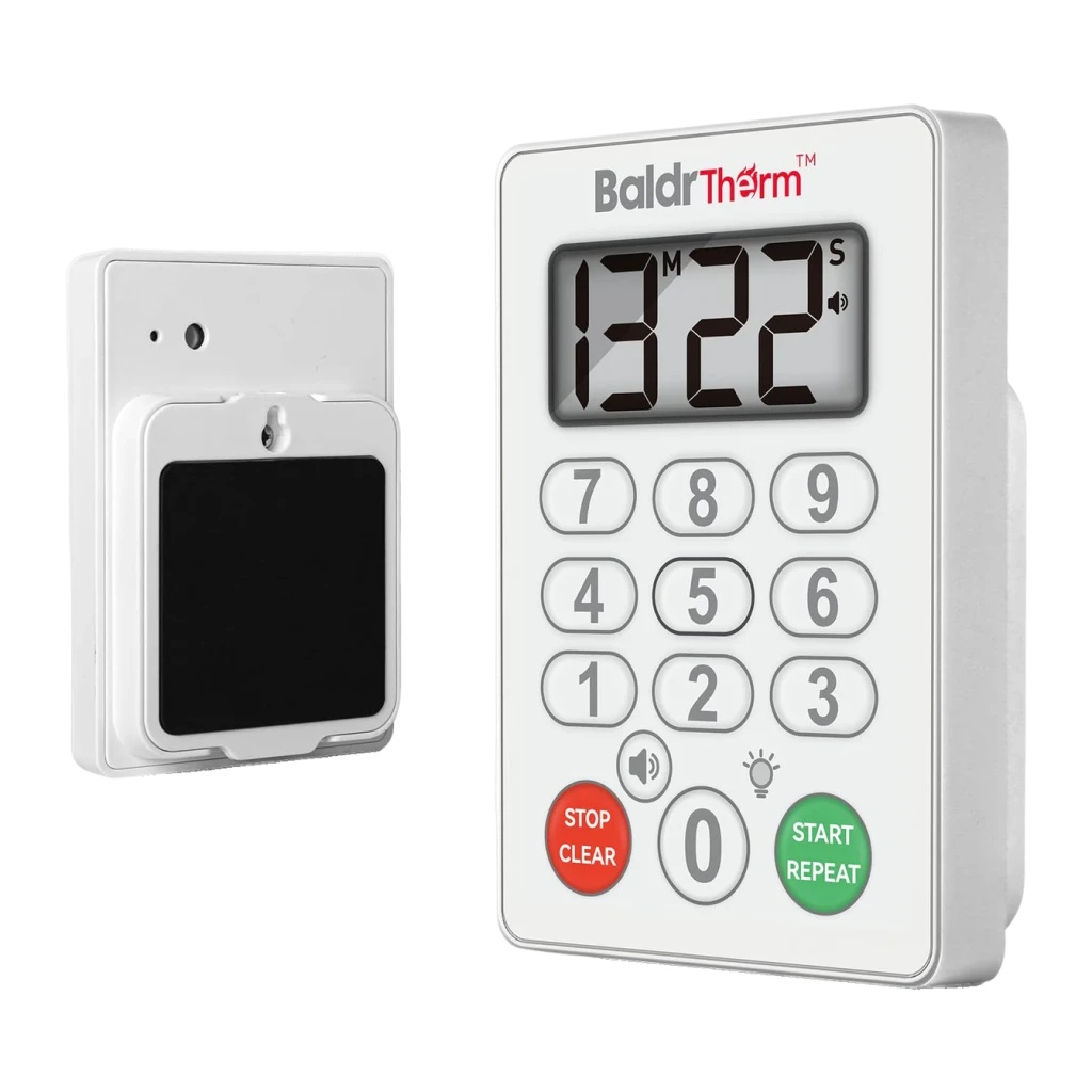 Temporizador de Cocina RainPoint Blanco E0575S, detalle: teclado numérico, pantalla LCD con 1322 y receptor magnético
