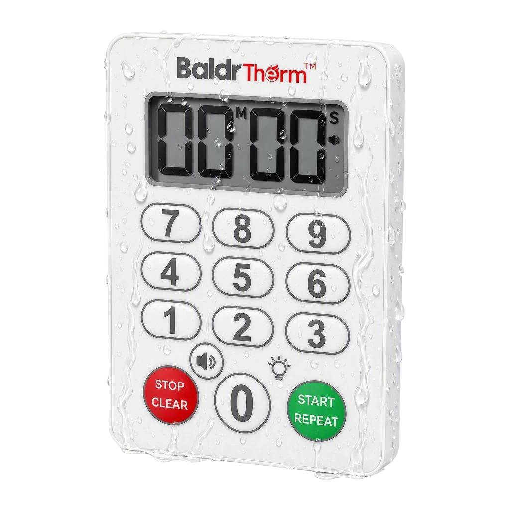 Temporizador de Cocina RainPoint Blanco E0575S, detalle: teclado numérico, botones Stop/Start y pantalla LCD con gotas