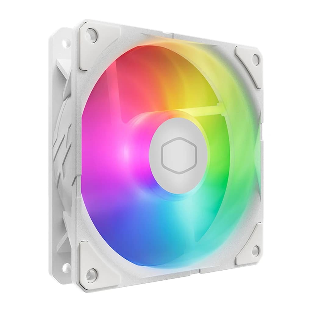 Ventilateur de boîtier Cooler Master SickleFlow Edge 120 ARGB 2,4W PWM 120mm Blanc, vue de face en angle: cadre blanc