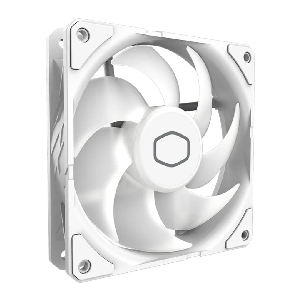 Ventilateur de boîtier Cooler Master SickleFlow Edge 120 ARGB 2,4W PWM 120mm Blanc, vue de face en angle: pales courbées