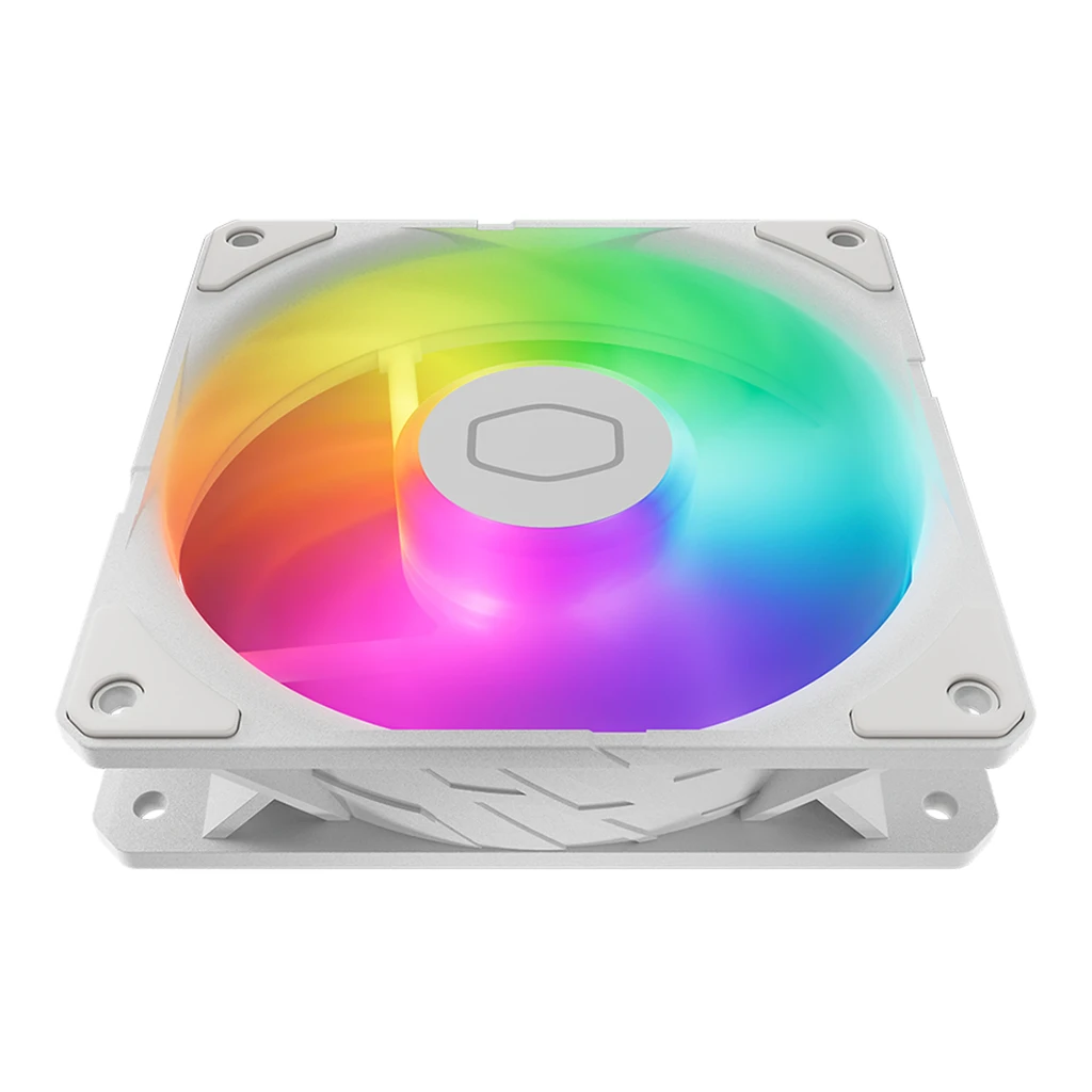 Ventilateur de boîtier Cooler Master SickleFlow Edge 120 ARGB 2,4W PWM 120mm Blanc, vue de face en angle: éclairage ARGB