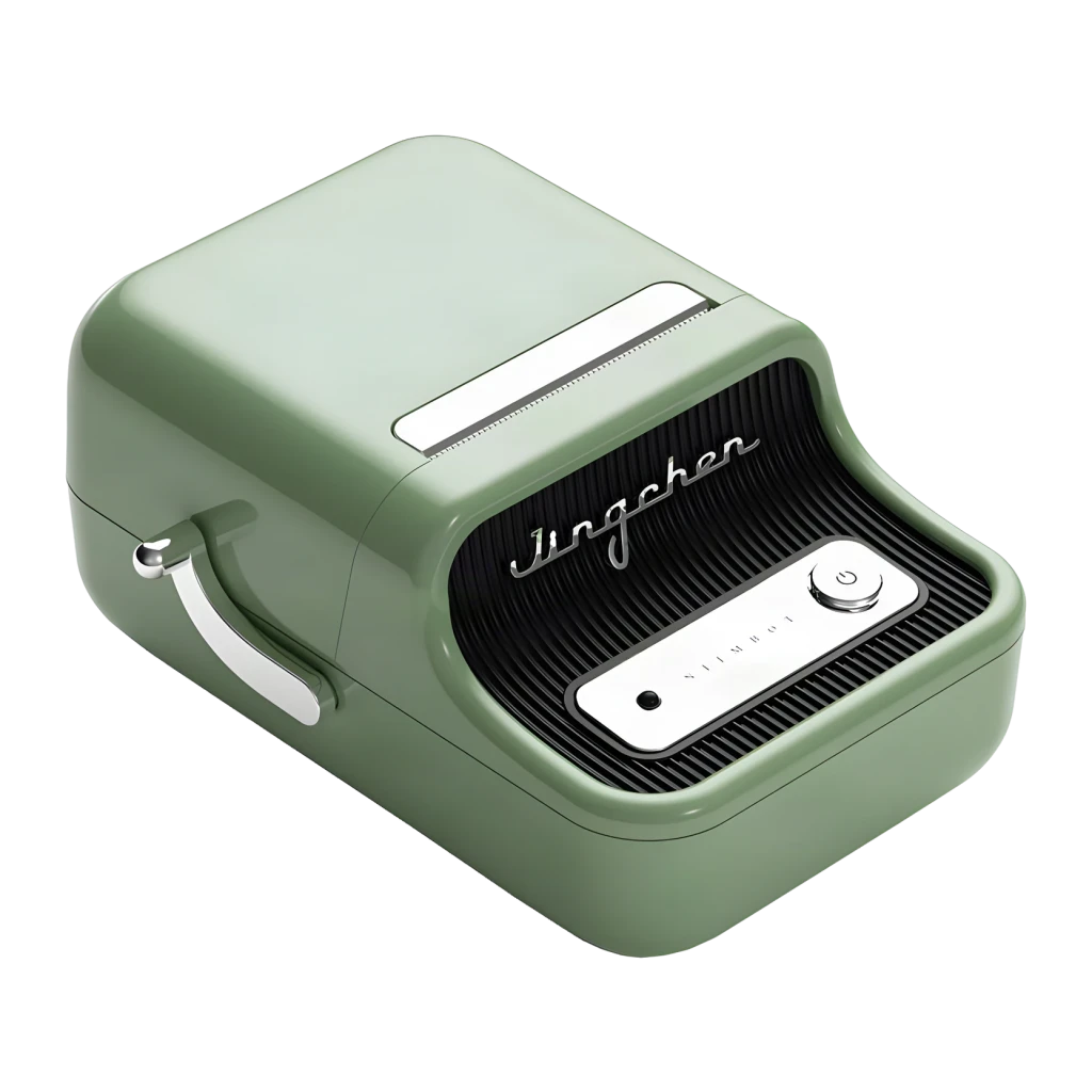 Impresora de etiquetas Niimbot B21 Pro Verde, vista frontal: diseño retro verde con asa plateada, panel negro con logo