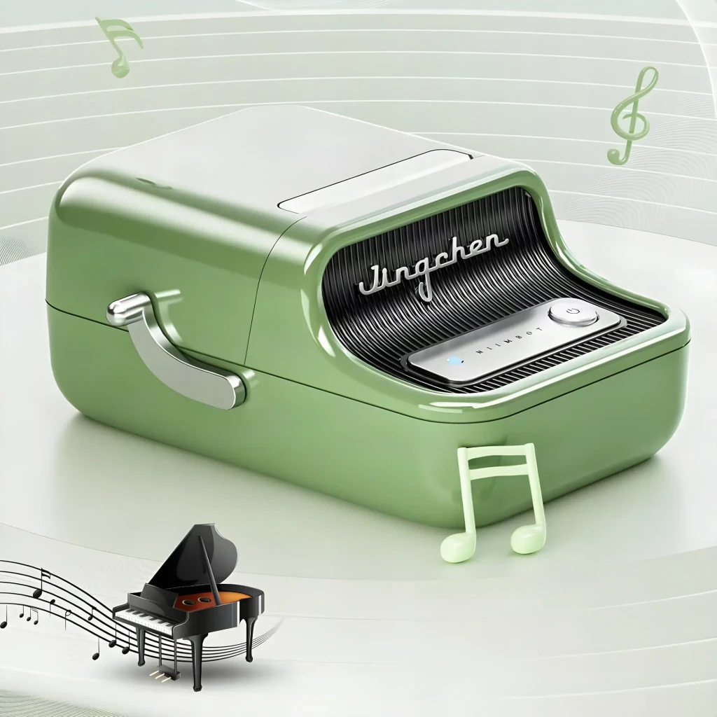 Impresora de etiquetas Niimbot B21 Pro Verde, en uso: vista en ángulo con diseño retro, asa plateada y notas musicales