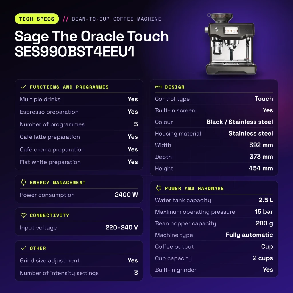 Cafetera superautomática Sage The Oracle Touch 2,5L Acero Inoxidable Negro SES990BST4EEU1 - características