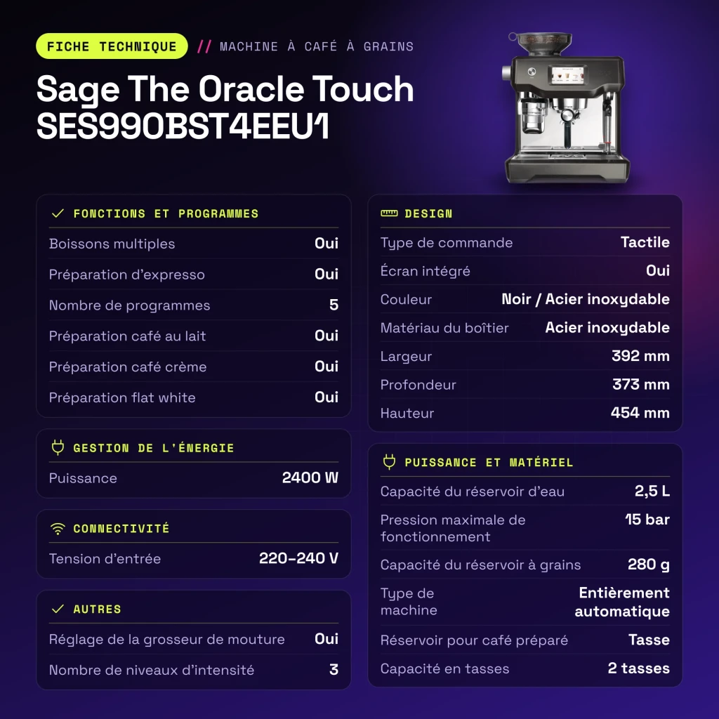 Cafetera superautomática Sage The Oracle Touch 2,5L Acero Inoxidable Negro SES990BST4EEU1 - características