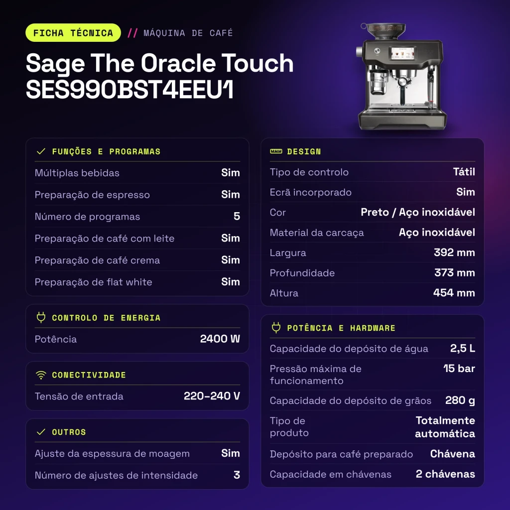 Cafetera superautomática Sage The Oracle Touch 2,5L Acero Inoxidable Negro SES990BST4EEU1 - características