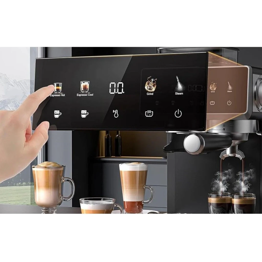 Cafetera Express Amzchef 1,8L Con Molinillo Integrado 20Bar Plata CE-CM5560-SV, detalle: panel táctil con modos Espresso