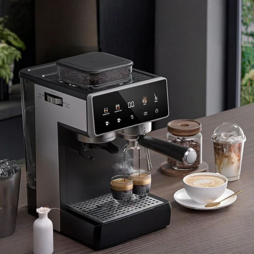 Cafetera Express Amzchef 1,8L Con Molinillo Integrado 20Bar Plata CE-CM5560-SV, en uso: extrae dos espressos con vapor