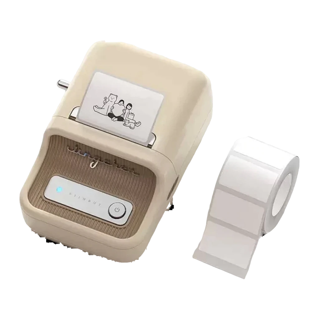 Impresora de Etiquetas Niimbot B21 Pro 300 dpi Térmica Ancho 20-50mm Crema, detalle: vista en ángulo con etiqueta impresa