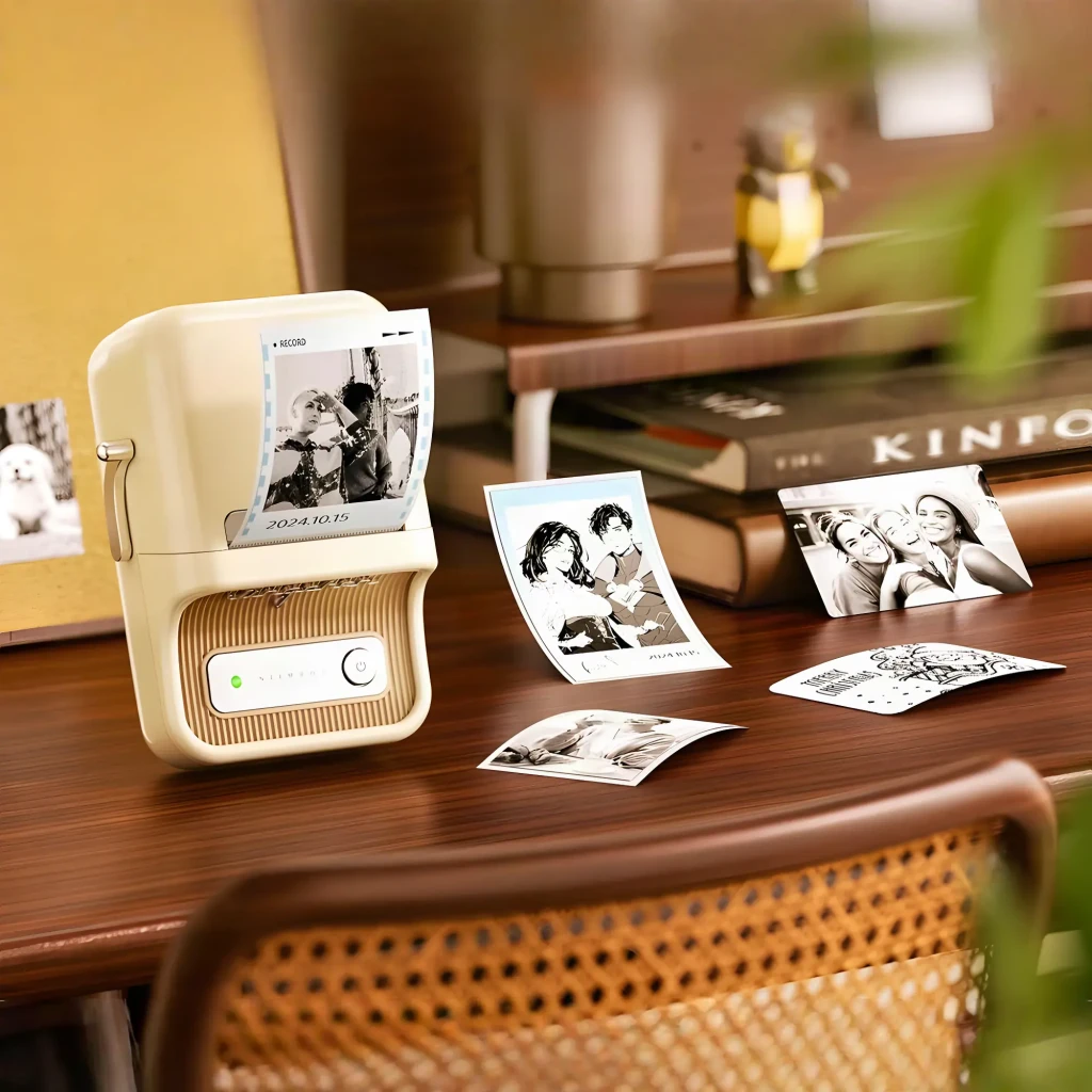 Impresora de Etiquetas Niimbot B21 Pro 300 dpi Térmica Ancho 20-50mm Crema, en uso: imprimiendo fotos en blanco y negro