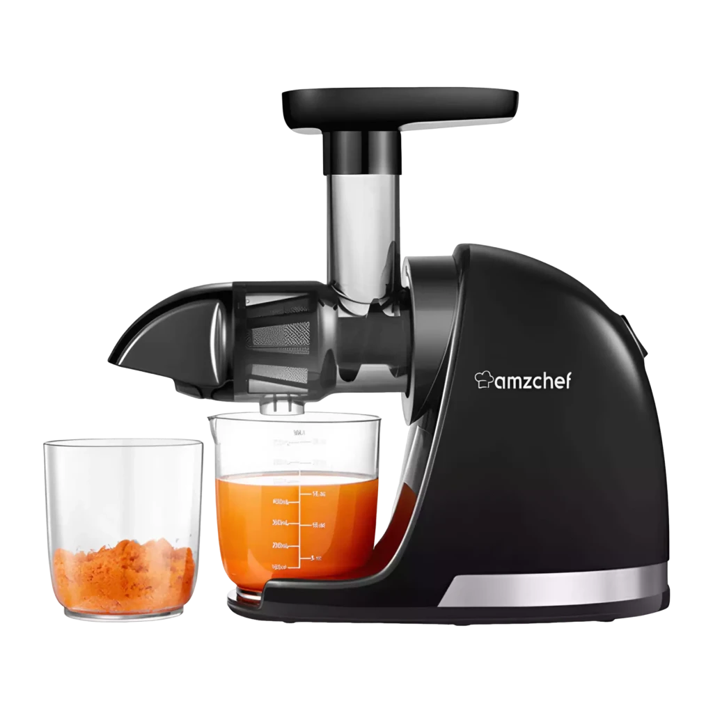 Extractor de zumos AMZCHEF 150W Prensado en frío 7 etapas Negro ZM1501-BK-SM, vista frontal: cuerpo negro con logo, jarra
