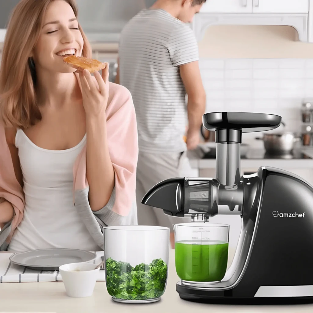 Extractor de zumos AMZCHEF 150W Prensado en frío 7 etapas Negro ZM1501-BK-SM, en uso: extractor en encimera con vaso de zumo