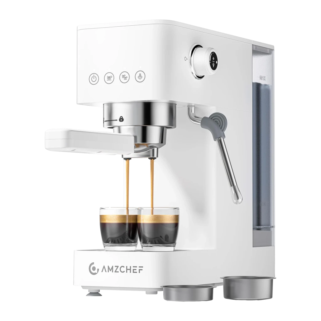 Cafetera Express Amzchef 1,5L Vaporizador 20bar Blanco CE-EM3131-WT, detalle: extracción doble en vasos de cristal
