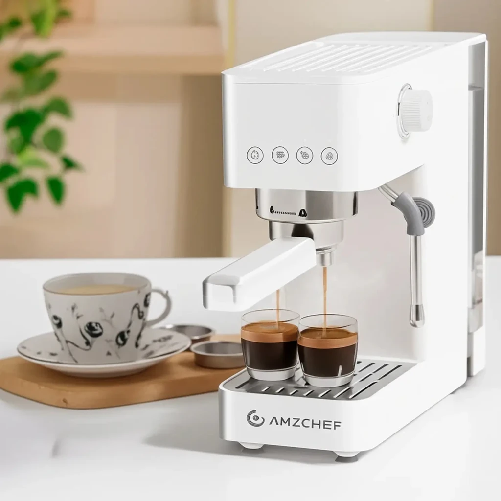 Cafetera Express Amzchef 1,5L Vaporizador 20bar Blanco CE-EM3131-WT, en uso: extrae doble espresso en vasos de cristal