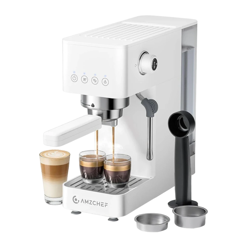 Cafetera Express Amzchef 1,5L Vaporizador 20bar Blanco CE-EM3131-WT, vista frontal: extracción doble, vaporizador