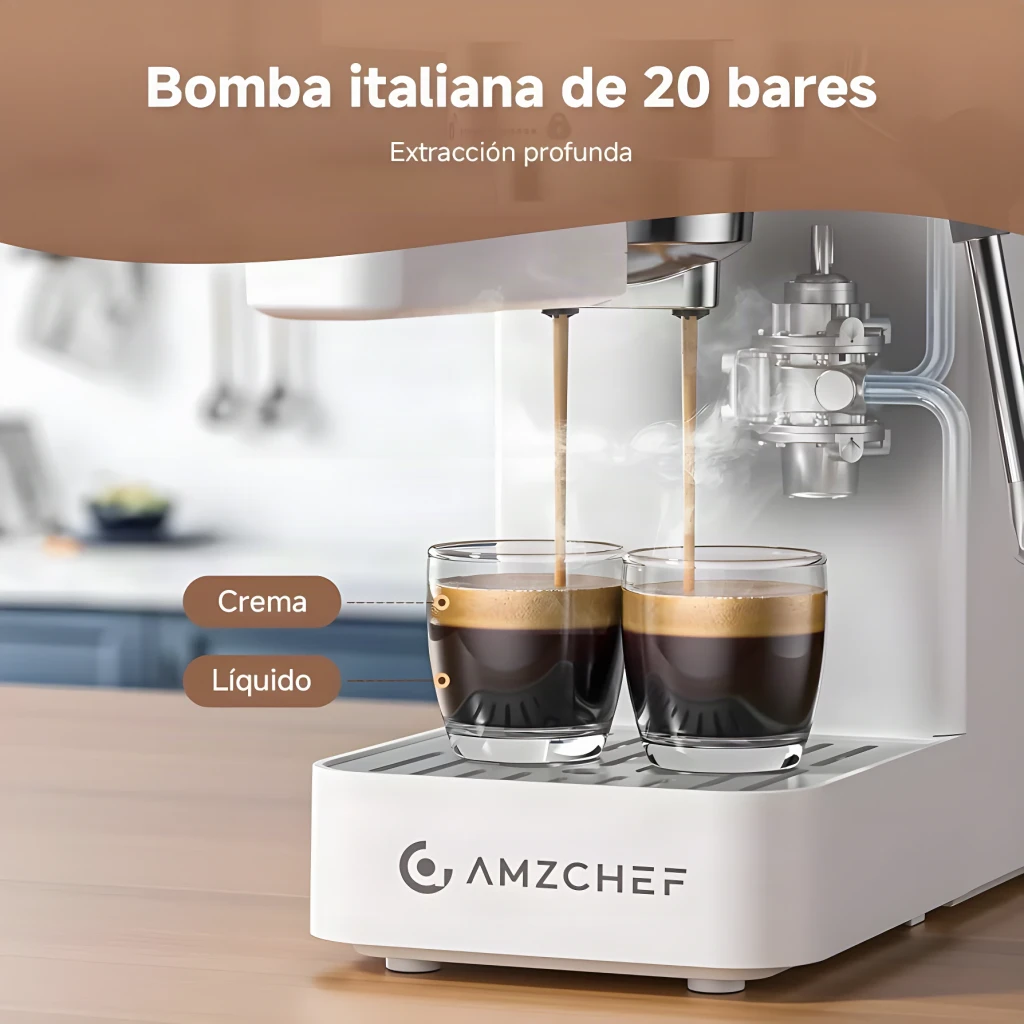 Cafetera Express Amzchef 1,5L Vaporizador 20bar Blanco CE-EM3131-WT, detalle frontal: doble extracción con crema en dos