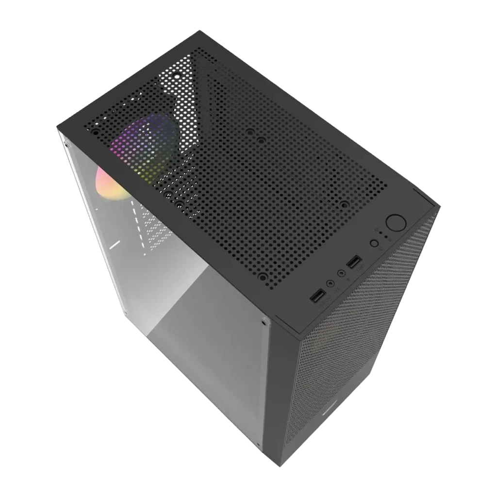 Boîtier PC Darkflash A290 Midi Tower Verre Trempé ATX / M-ATX / ITX Noir, détail: vue supérieure en angle, panneau mesh