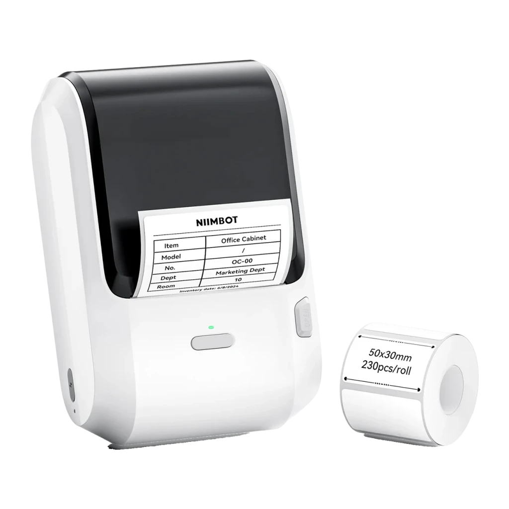 Impresora de Etiquetas NiiMbot M3 Blanco, vista frontal: cuerpo blanco y negro con etiqueta impresa y rollo 50x30mm 230pcs
