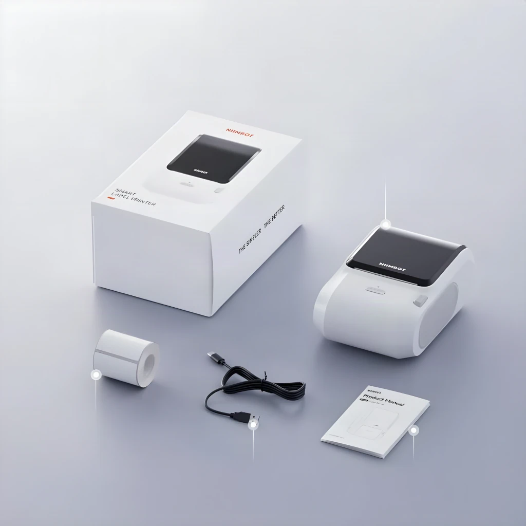 Impresora de Etiquetas NiiMbot M3 Blanco, detalle: contenido de la caja con impresora, rollo de etiquetas, cable USB y manual
