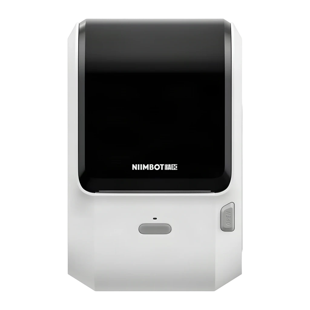 Impresora de Etiquetas NiiMbot M3 Blanco, detalle frontal: tapa negra brillante con logo, ranura de salida y botón lateral