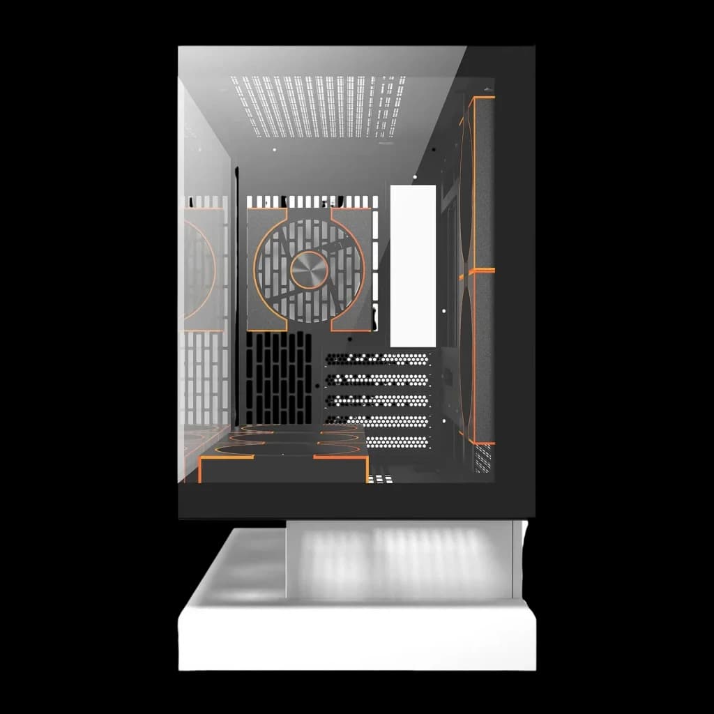 Caja PC Darkflash F1 White Cristal Templado M-ATX / ITX 6 Ventiladores ARGB, detalle: interior con ventilador ARGB naranja