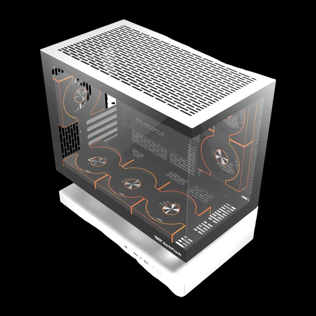 Caja PC Darkflash F1 White Cristal Templado M-ATX / ITX 6 Ventiladores ARGB, detalle: vista isométrica con panel lateral