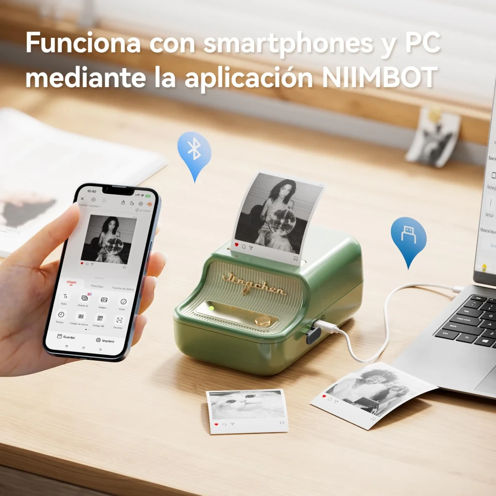 Impresora de Etiquetas Portátil Niimbot B21 Pro Térmica 300 ppp Verde Oscuro, vista lifestyle: conectada vía Bluetooth