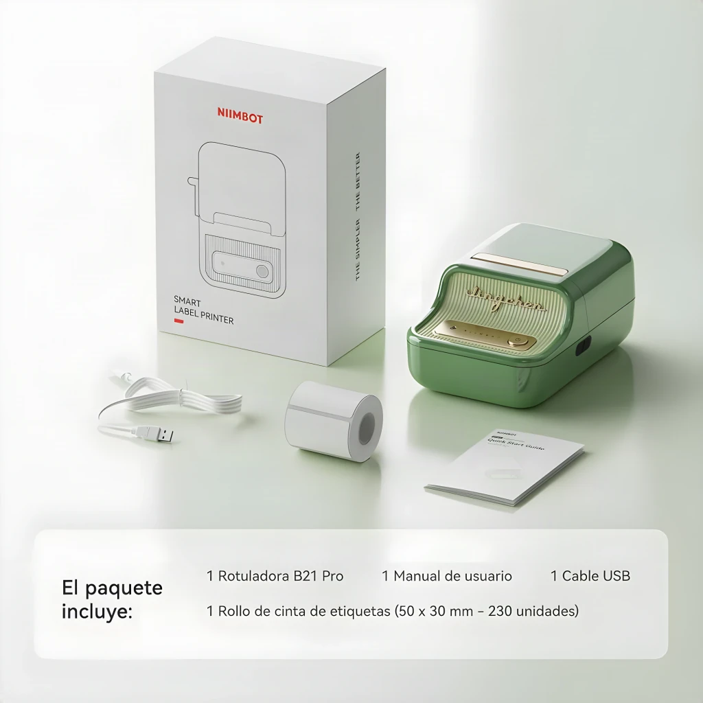 Impresora de Etiquetas Portátil Niimbot B21 Pro Térmica 300 ppp Verde Oscuro, contenido del paquete: impresora, rollo