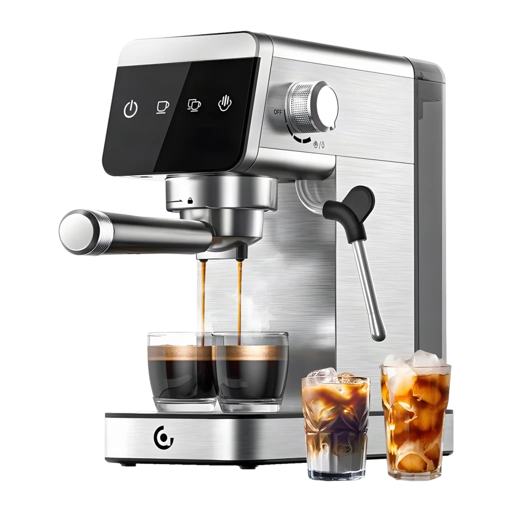 Cafetera Espresso AMZCHEF Vaporizador orientable 20bar Plata CE-AZ-EM1501-SV, vista frontal: panel táctil, vaporizador