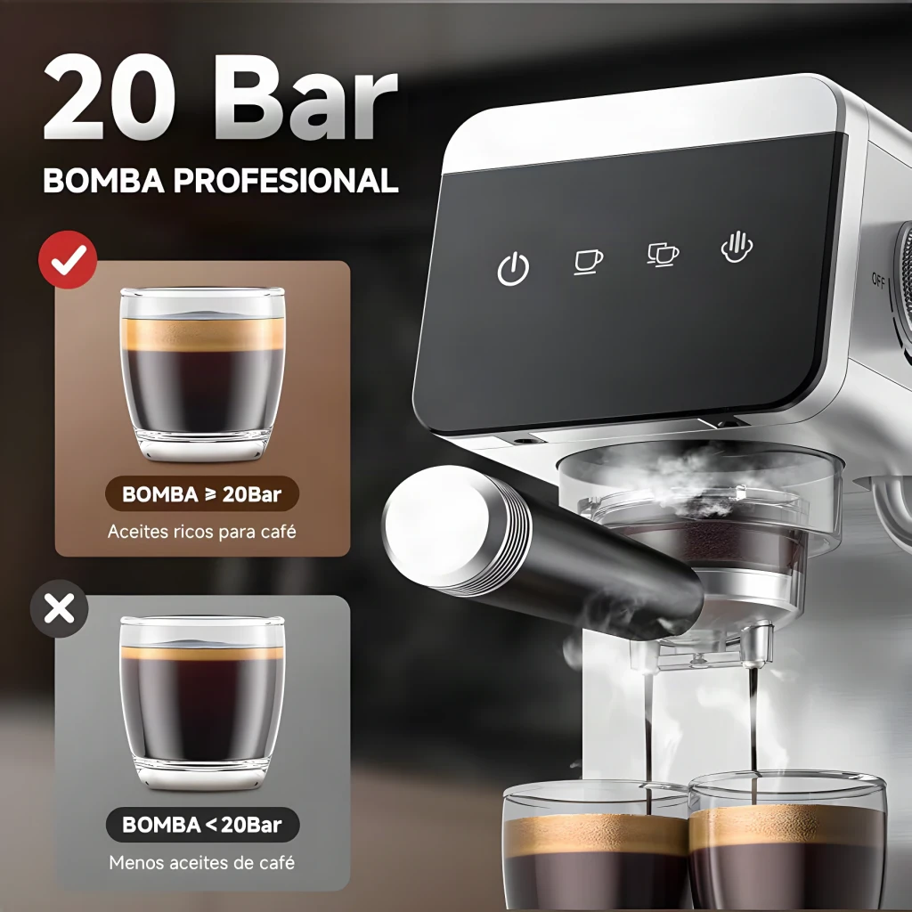 Cafetera Espresso AMZCHEF Vaporizador orientable 20bar Plata CE-AZ-EM1501-SV, detalle: panel táctil y extracción en dos