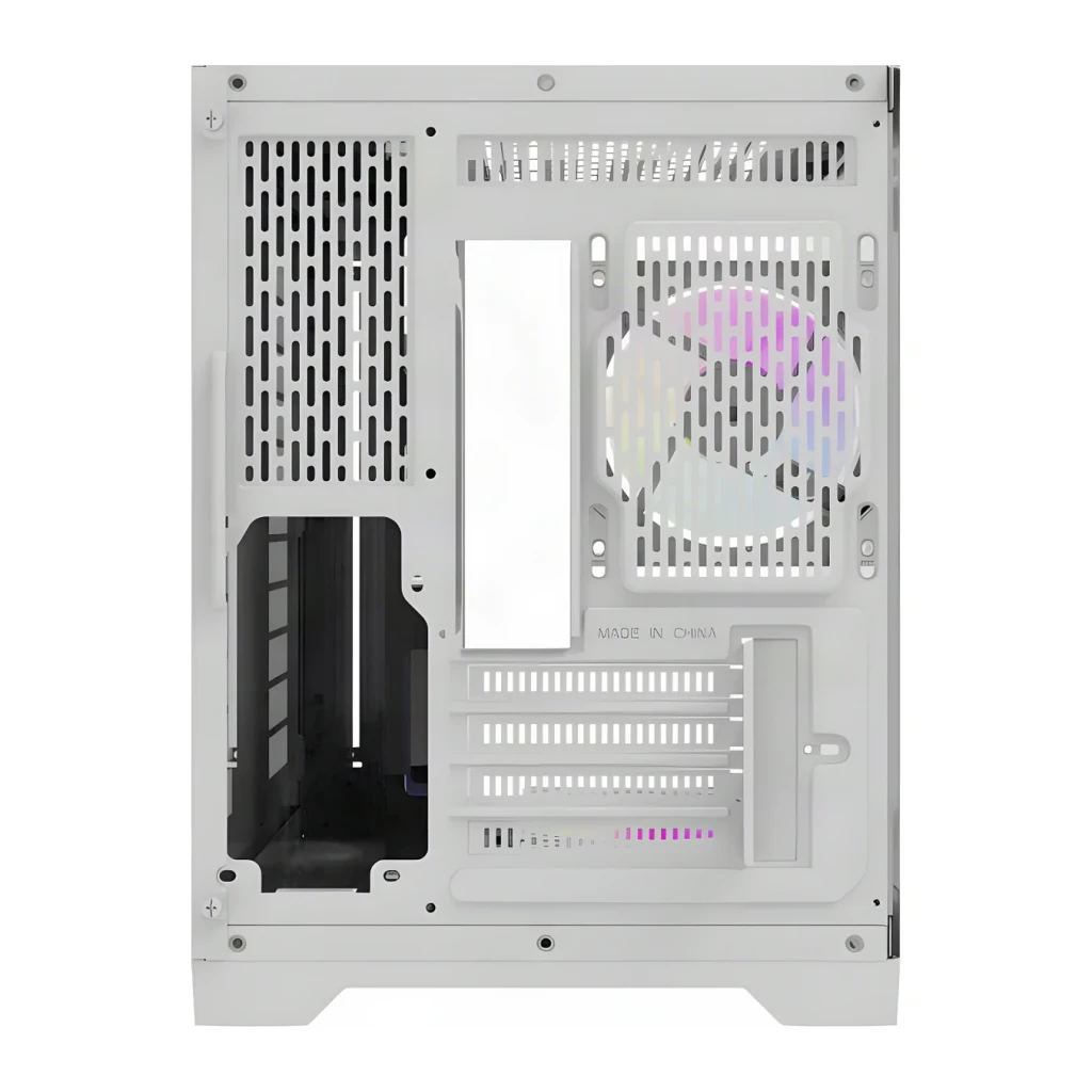 Boîtier PC Darkflash FT418 3 panneaux verre trempé Mini Tower M-ATX/ITX Blanc, vue arrière: panneau perforé, ventilateur