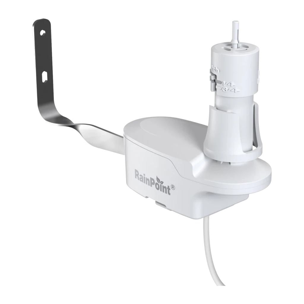 Sensor de lluvia RainPoint 044L Con cable ICS044L, vista frontal: cuerpo blanco con soporte metálico, disco colector y cable