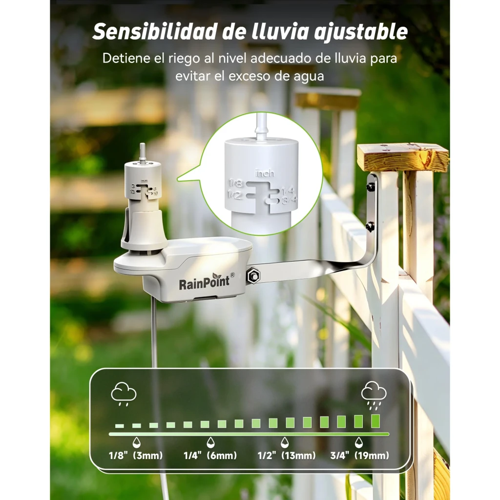 Sensor de lluvia RainPoint 044L Con cable ICS044L, detalle: dial de sensibilidad ajustable de 1/8 a 3/4 pulgadas montado