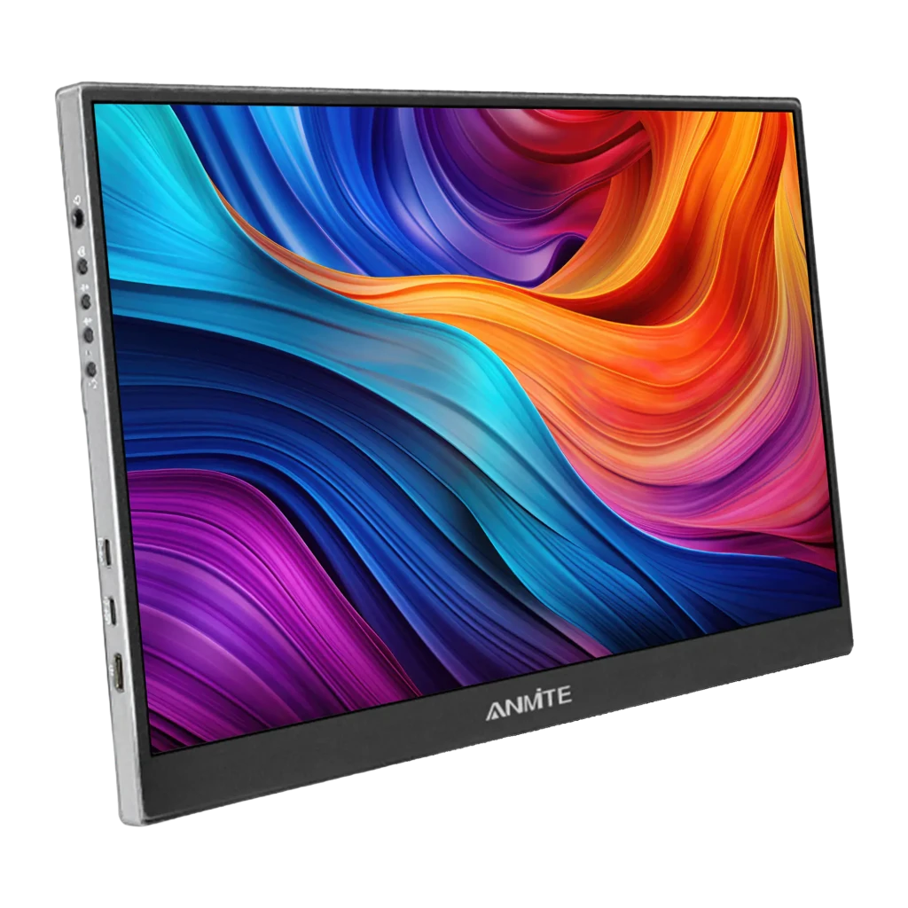 Écran Portable Tactile ANMITE 15,6 pouces Full HD 60Hz 5ms Gris A156W04T, vue de face: écran avec fond abstrait coloré