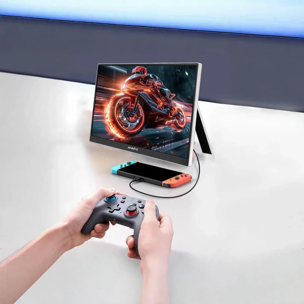 Écran Portable Tactile ANMITE 15,6 pouces Full HD 60Hz 5ms Gris A156W04T, en utilisation: connecté à Nintendo Switch