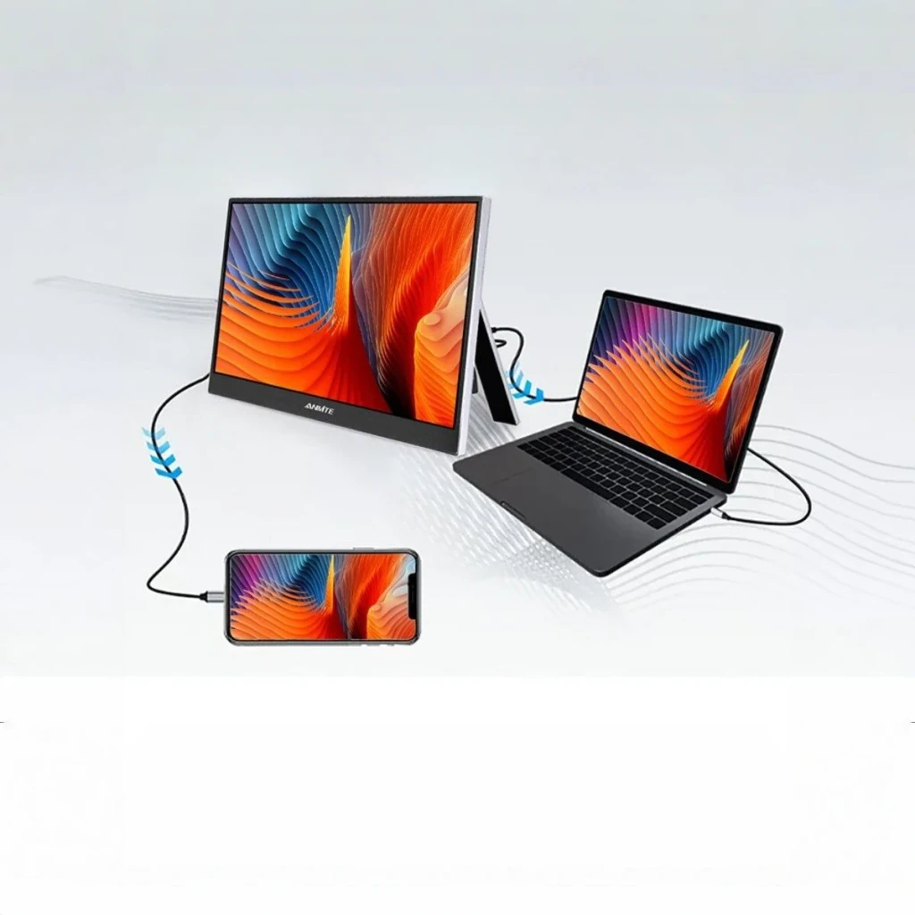 Écran Portable Tactile ANMITE 15,6 pouces Full HD 60Hz 5ms Gris A156W04T, en utilisation: connecté à un laptop et smartphone