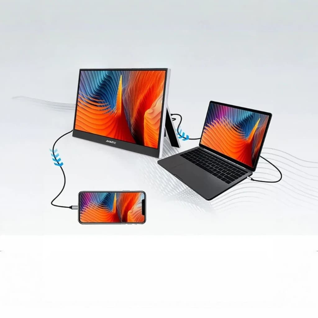 Écran Portable Tactile ANMITE 15,6 pouces Full HD 60Hz 5ms Gris A156W04T, en utilisation: connecté à un laptop et smartphone