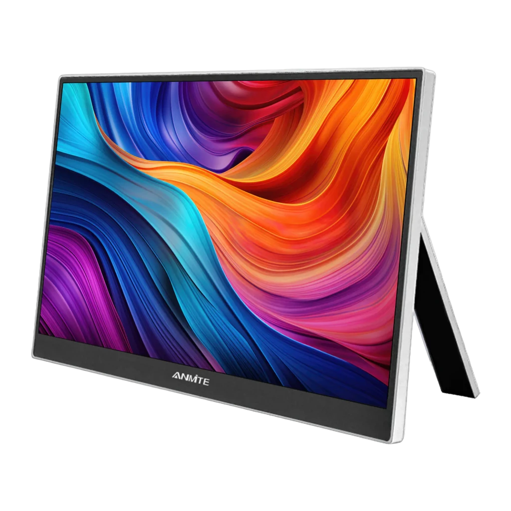 Écran Portable Tactile ANMITE 15,6 pouces Full HD 60Hz 5ms Gris A156W04T, détail: vue en angle avec écran allumé et pied