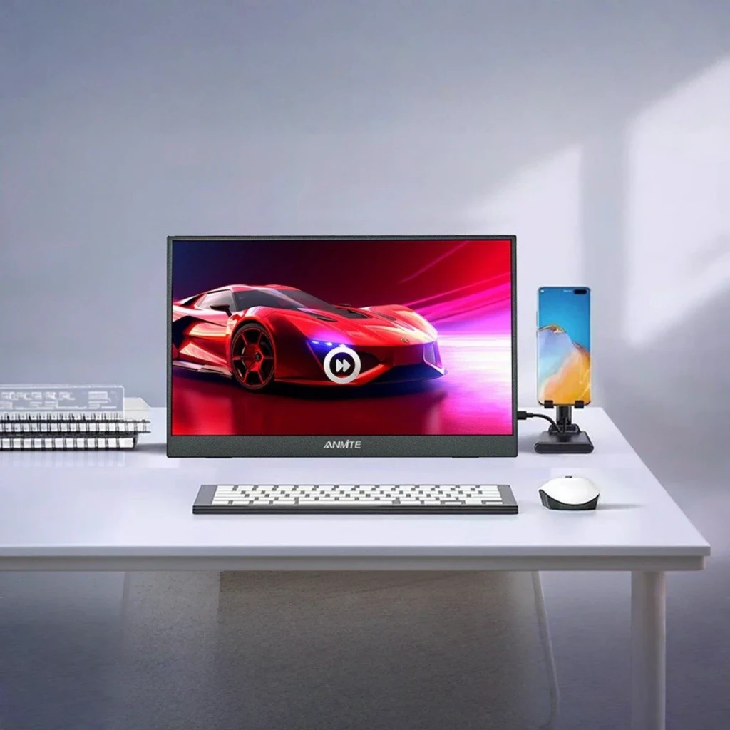 Écran Portable Tactile ANMITE 14 pouces IPS WUXGA 1920x1200 60Hz 5ms Noir A140W05T, en utilisation: sur bureau blanc