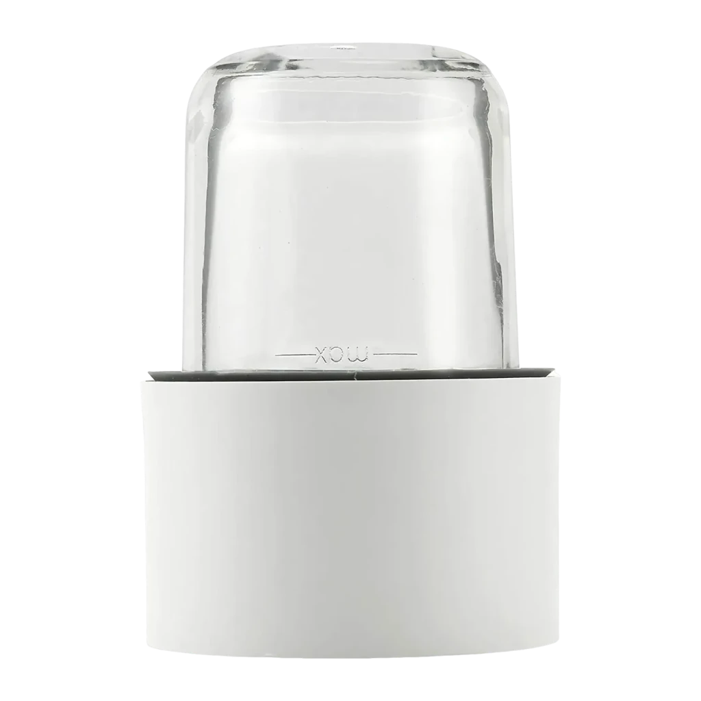 Kenwood AT320A Moulin en verre 700W Blanc, vue de face: bol en verre transparent sur socle blanc avec repère MAX visible