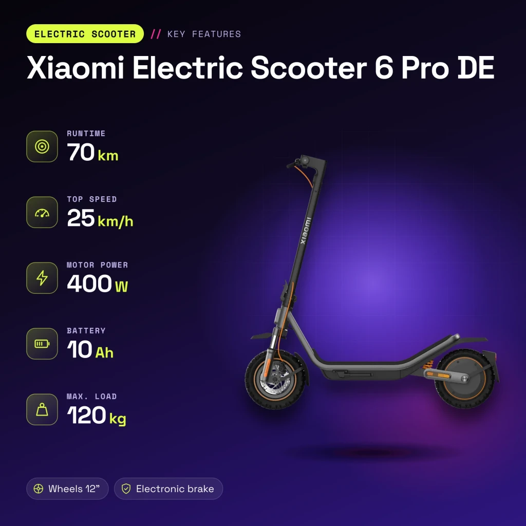 Trottinette Électrique Xiaomi Electric Scooter 6 Pro 400W 70km 25km/h 12 pouces Gris - caractéristiques