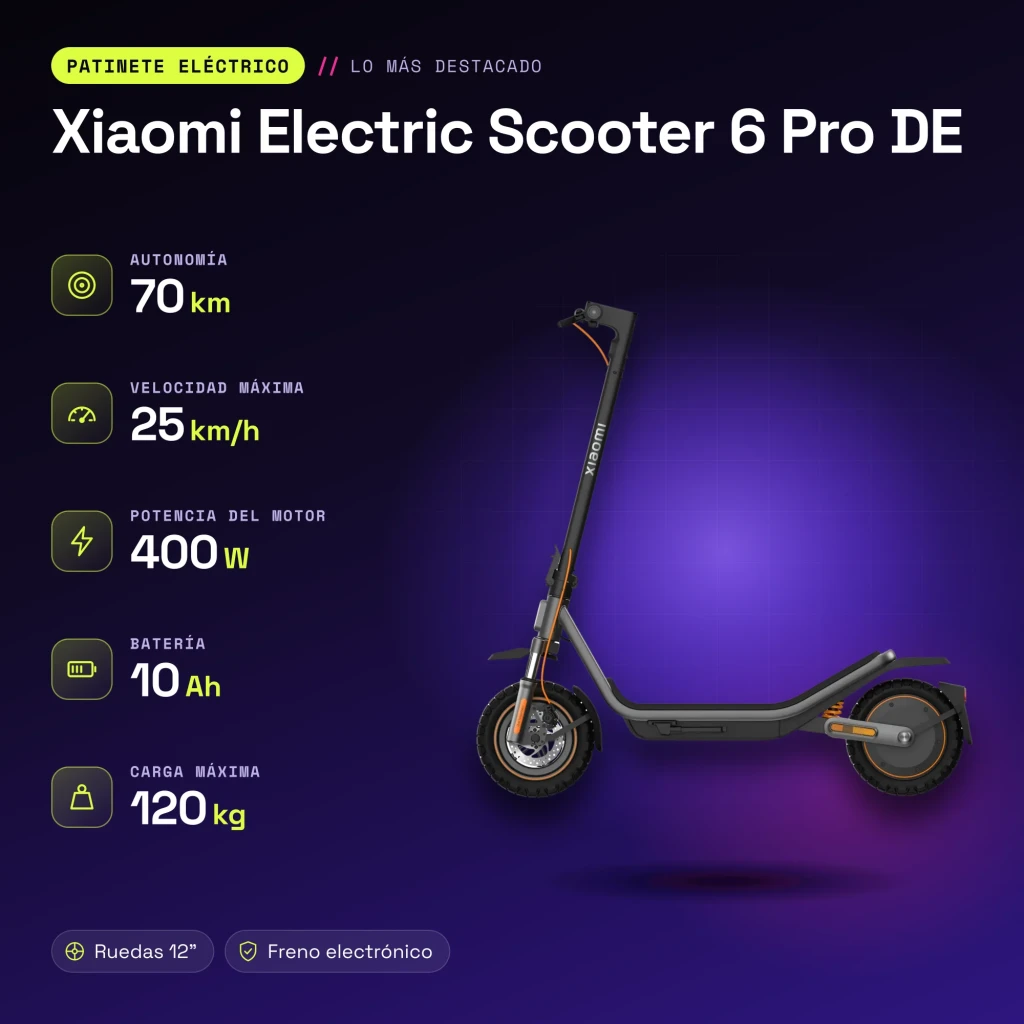 Trottinette Électrique Xiaomi Electric Scooter 6 Pro 400W 70km 25km/h 12 pouces Gris - caractéristiques