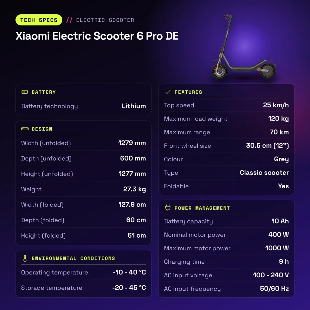 Trottinette Électrique Xiaomi Electric Scooter 6 Pro 400W 70km 25km/h 12 pouces Gris - caractéristiques
