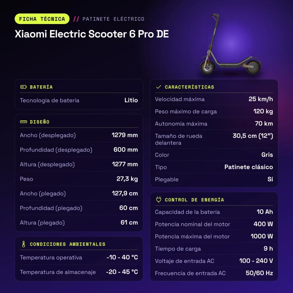 Trottinette Électrique Xiaomi Electric Scooter 6 Pro 400W 70km 25km/h 12 pouces Gris - caractéristiques