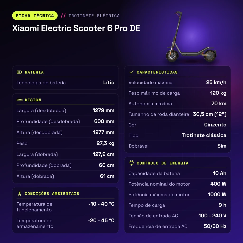Trottinette Électrique Xiaomi Electric Scooter 6 Pro 400W 70km 25km/h 12 pouces Gris - caractéristiques