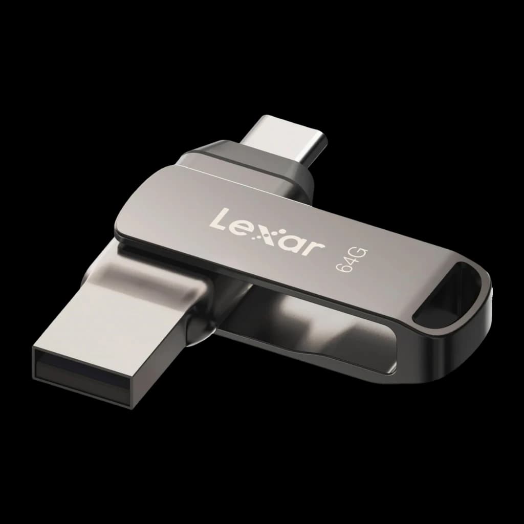 Clé USB Lexar JumpDrive D400 64Go USB-C + USB-A USB 3.1 130Mo/s Argent, vue de face: corps métallique rotatif
