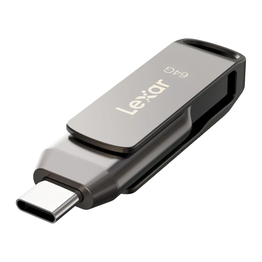 Clé USB Lexar JumpDrive D400 64Go USB-C + USB-A USB 3.1 130Mo/s Argent, détail: connecteur USB-C déployé et corps métallique