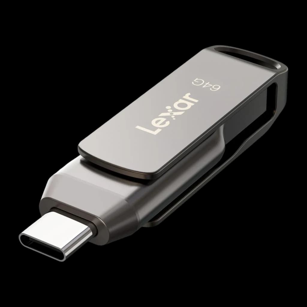 Clé USB Lexar JumpDrive D400 64Go USB-C + USB-A USB 3.1 130Mo/s Argent, détail: connecteur USB-C déployé et corps métallique